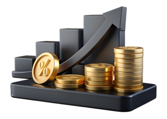 Financial growth illustration with percentage coin and rising bar graph isolated on transparent background