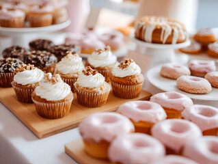 Delicious assortment of cupcakes and donuts on a white table, perfect for dessert lovers.