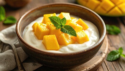 Golden Mango Cubes on Creamy Yogurt with Mint Garnish in Rustic Bowl on Wooden Surface in Warm Lighting, High Angle View