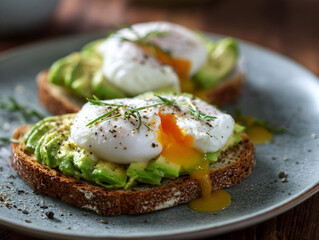 Delicious poached egg and avocado toast served on fresh whole grain bread.