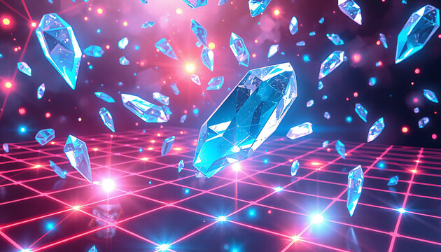 Photo of abstract 3d render of glowing blue crystals floating above a neon grid floor with a vibrant pink and purple cosmic background