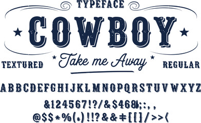 Bold western cowboy typeface design with decorative elements and alphabet