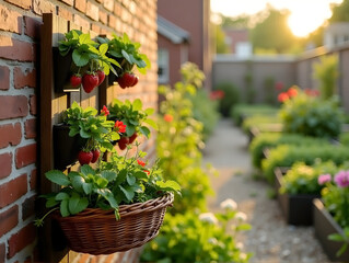 Naklejka premium Urban Eco Brooklyn Series: Elegant Eco-Friendly Vertical Garden with Fresh Strawberries and Natural Ligh