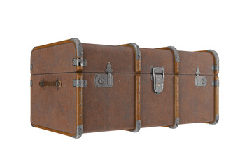Vintage brown steamer trunk isolated on transparent background in horizontal view
