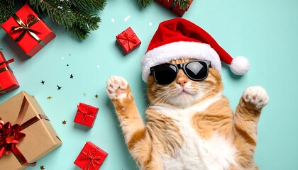 Orange tabby cat in Santa hat and sunglasses lying on turquoise background with pine branches and wrapped gifts.