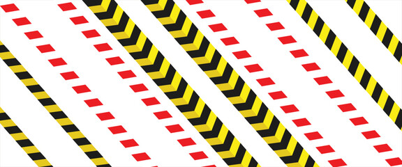 Warning yellow black red diagonal stripes line. Safety stripe warning caution hazard danger road vector sign symbol. Long danger ribbon. Vector illustration on white background. EPS file 112.