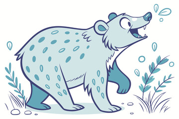 Cartoon Style Blue Bear Walking with Plants on a White Background