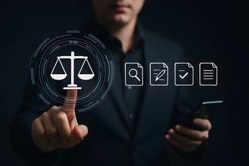 Compliance rules and law regulation policy concept. Compliance icons on virtual screen for enforcement of laws, regulations, and standards.
