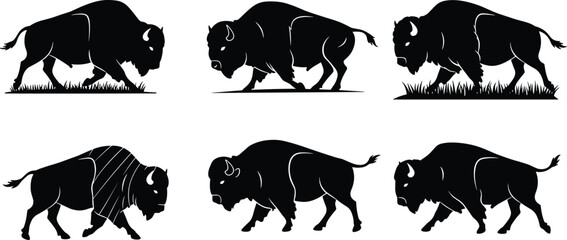 Collection of American bison silhouette vector illustrations showing walking, grazing, and standing poses, wildlife animal design for nature artwork