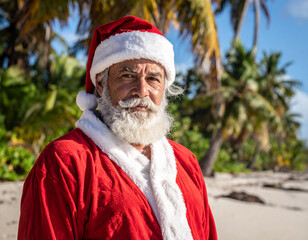 P&egrave;re no&euml;l en vacances sur une plage, sous les cocotiers, heureux et d&eacute;tendu