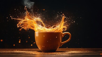 Dynamic coffee splash in a mug isolated on white background