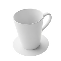 A pristine white coffee mug rests on a matching saucer, isolated against a white background.