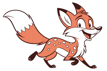 Cartoon Style Orange Fox Running with Spots and Big Smiling on White Background