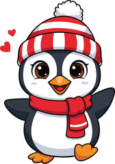 Adorable cartoon penguin wearing red striped winter hat and scarf, cute festive animal character illustration, Christmas clipart, holiday background, children design