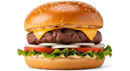 Delicious Cheeseburger with Fresh Toppings on a White Background