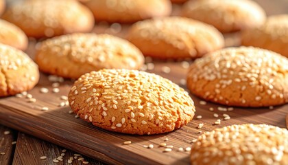 Golden Sesame Cookies Displayed on Rustic Wooden Board in Warm Natural Light