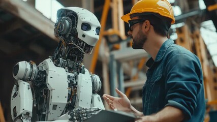 Humanoid robot and engineer discuss production data on a clipboard inside a modern factory, highlighting human machine collaboration, AI driven automation and industrial innovation
