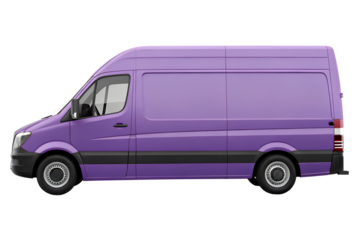 Side view of a modern purple cargo van with tinted windows isolated on transparent background