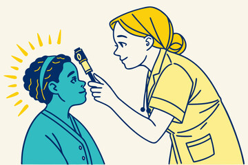 Fototapeta premium A doctor examining a patient's eye with an ophthalmoscope during a medical checkup in a clinic setting