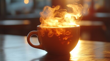 Hot steaming coffee cup with flames isolated on white background