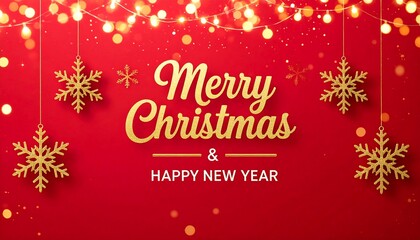 Red holiday greeting card with golden lights, hanging snowflakes, and central festive message.