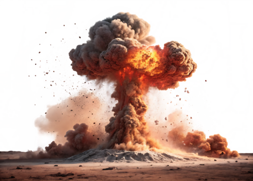 Massive mushroom cloud explosion isolated on transparent background