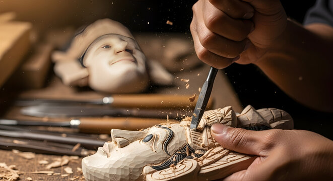 Close-up of a skilled craftsman's hands meticulously carving a traditional wooden mask in a workshop