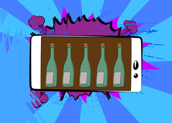 Cartoon Smartphone, comic book Telephone with glass bottle. Retro vector comics pop art design.