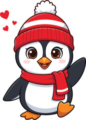 Cute cartoon penguin wearing red winter hat and scarf, adorable animal character illustration, holiday design, children clipart, Christmas love background