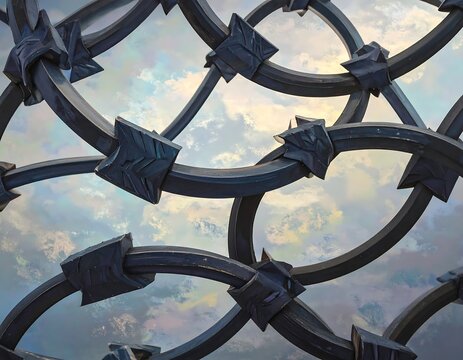 Ornate metalwork fence against a cloudy sky