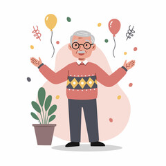 Elderly man celebrating with balloons and confetti at home  