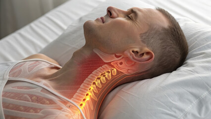 Male neck anatomy cervical spine vertebrae spinal cord nerve tendon muscle medical illustration pain inflammation. Male patient lies pillow with highlighted cervical region showing vertebra detail