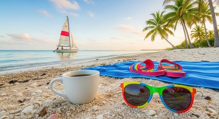 Coffee, sunglasses, and rainbow flip flops on beach towel with palm trees and sailboat. Summer island vacation relaxation concept.