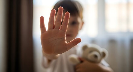 Young child holds teddy bear and raises hand in stop gesture conveying a message of protection and safety against harm
