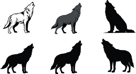 Howling wolf silhouette set with wild animal poses, standing wolves in black vector design for wildlife, nature, forest, outdoor theme