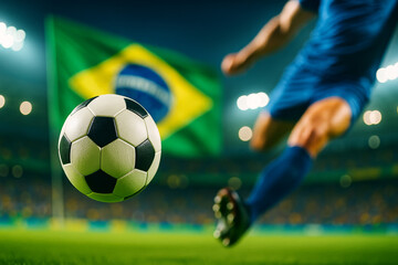 World Cup concept- dynamic soccer kick with Brazilian flag in background, ball flying mid air during fast paced stadium match