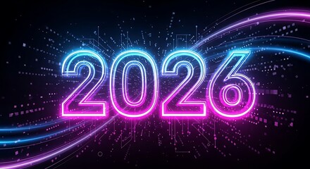 Glowing neon 2026 with abstract lines and particles