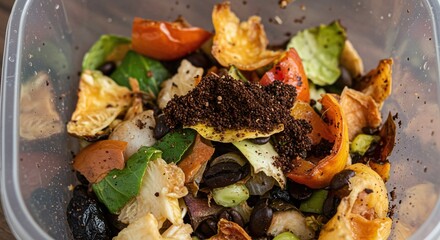 A green bin full of assorted organic food waste, ready for composting and recycling. Concept of organic waste for composting