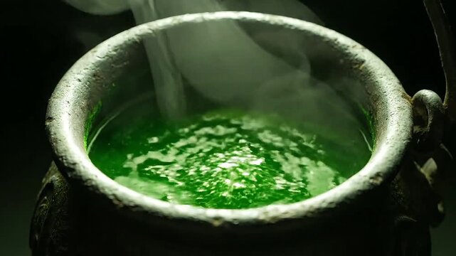 Mysterious bubbling green potion simmers in an ancient cauldron, steam swirling upwards hinting at magical transformation and potent concoctions.