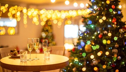Christmas tree with ornaments beside candlelit dining table in warmly lit festive room.