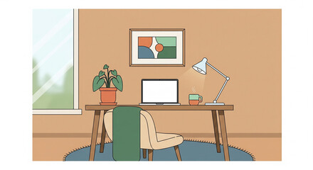 Cozy home office setup with a laptop, plant, and steaming coffee creating a productive yet relaxing workspace atmosphere