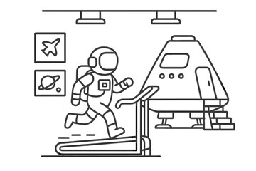 Astronaut training for space mission. Spaceman running on treadmill in gym. Cosmonaut physical preparation. Spaceship capsule. Linear vector cartoon for science exploration.