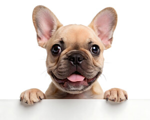 Fototapeta premium A tan french bulldog puppy with big ears looking over a white surface with a happy expression on its face