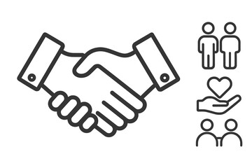 Handshake icon for partnership agreement. Business deal, cooperation, and contract symbol. Line icons collection for relationship, love, care, trust, support, and community.