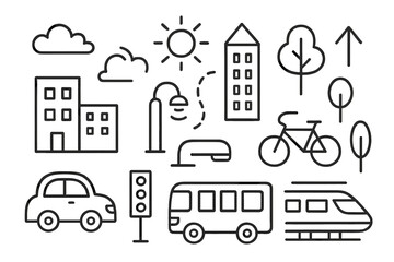 Urban city life line icon set with transport elements. Minimalist doodle collection with car, bus, train, bicycle, buildings, and trees. Simple vector illustration.