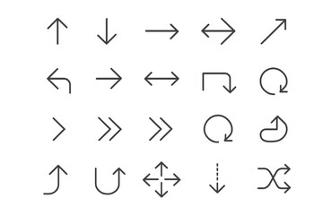 Arrows icon set. Thin line editable stroke collection. Modern simple black direction signs. Arrow pointer and cursor symbols for navigation, web, and UI design. Vector.