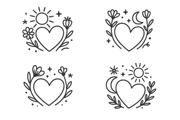 Set of whimsical heart line art with celestial and floral elements. Vector collection of hand-drawn sun, moon, and flower symbols. Boho love icon for logo or decoration.