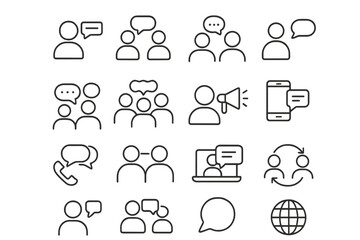 Communication thin line icon set. People talking, speaking, and interacting. Vector symbols for dialogue, collaboration, discussion, teamwork, social media, and online chat.