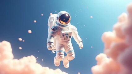 A whimsical video concept of an astronaut floating among clouds. Captured from a low angle, it blends fantasy with space exploration in soft pastel tones. Live desktop wallpaper. - Powered by Adobe