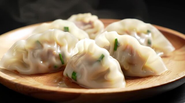 Close-up of dumpling appetizers on wooden plate, steam rising